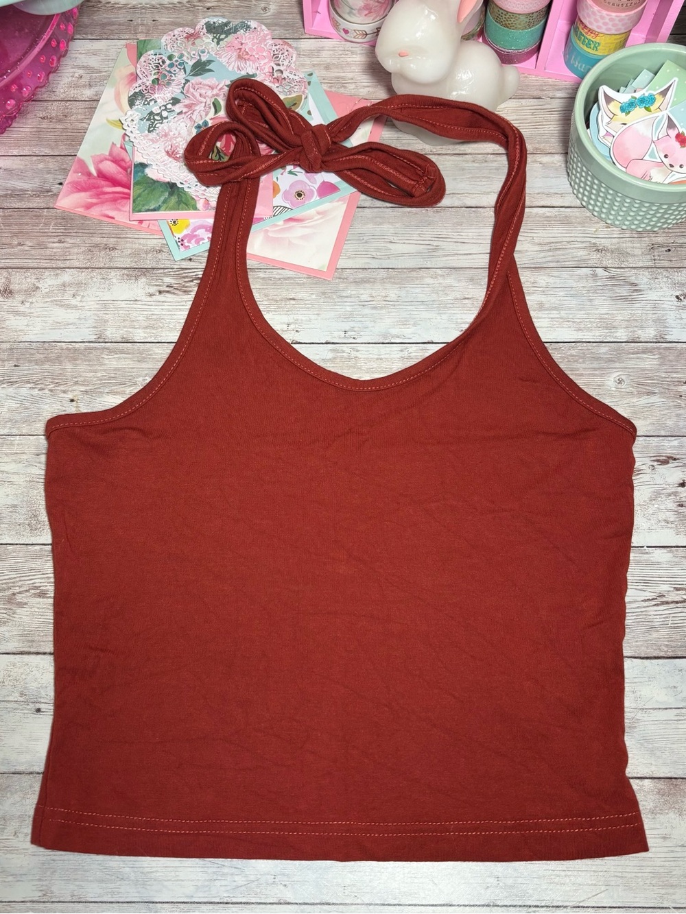 Dazy Halter Tie Neck Cropped Tank Top Burnt Orange Women’s XS Summer Boho Earthy